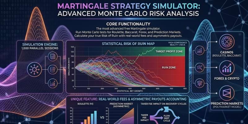 The most advanced free Martingale simulator. Run Monte Carlo tests for Roulette, Baccarat, Forex, and Prediction Markets.