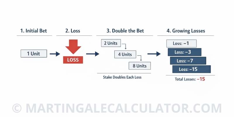 Martingale betting progression showing stake doubling and accumulated losses after consecutive losses.